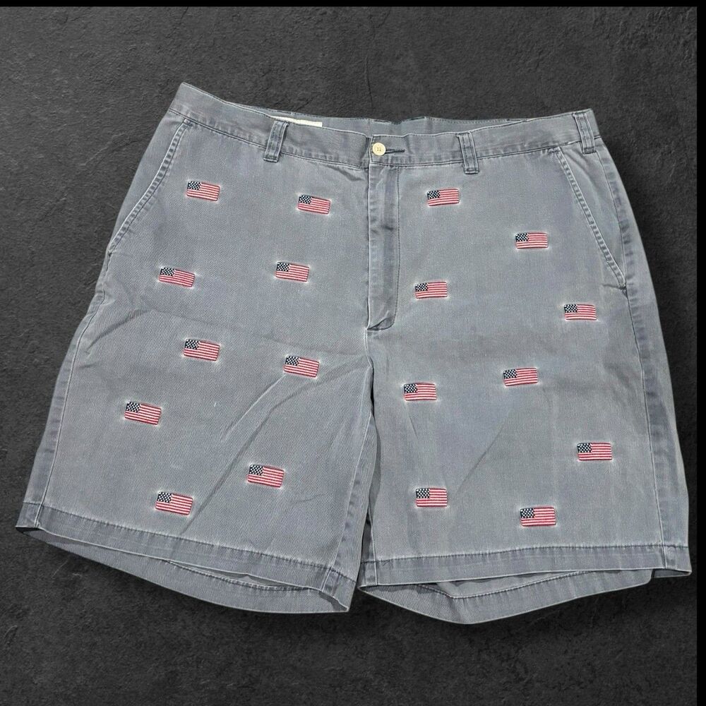 Orvis Men’s 40 Embroidered American Flag Chino Shorts Gray Cotton USA Patriotic